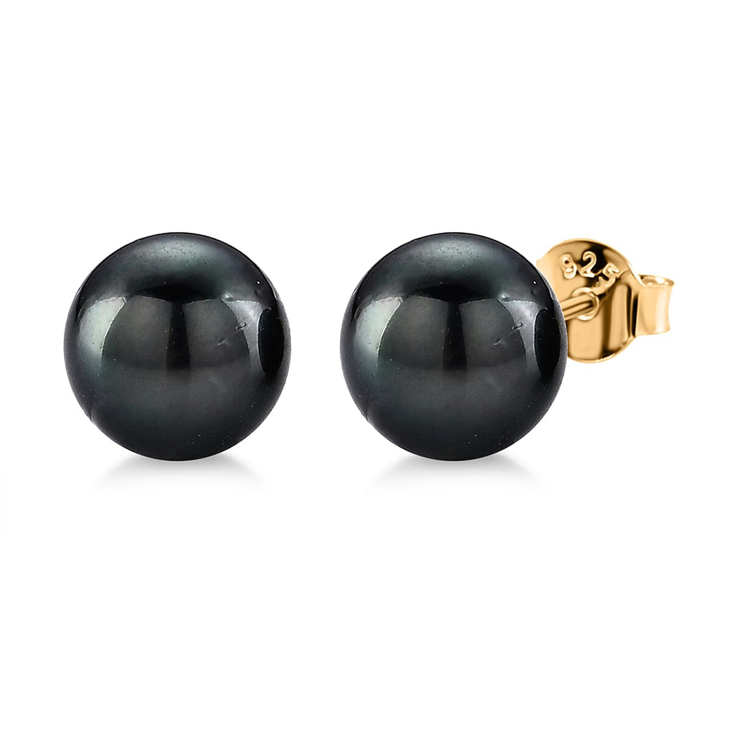 D'Joy - Tahitian Pearl (8-9mm) Stud Ball Earring with Push Back in Yellow Gold Plated Sterling Silver 8.00 Ct.