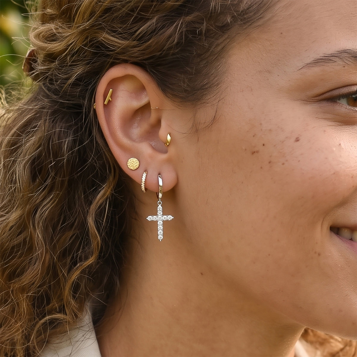 D'Joy - Moissanite Cross Hoop Earring in Platinum Overlay Sterling Silver 1.00 Ct. 8622534 3