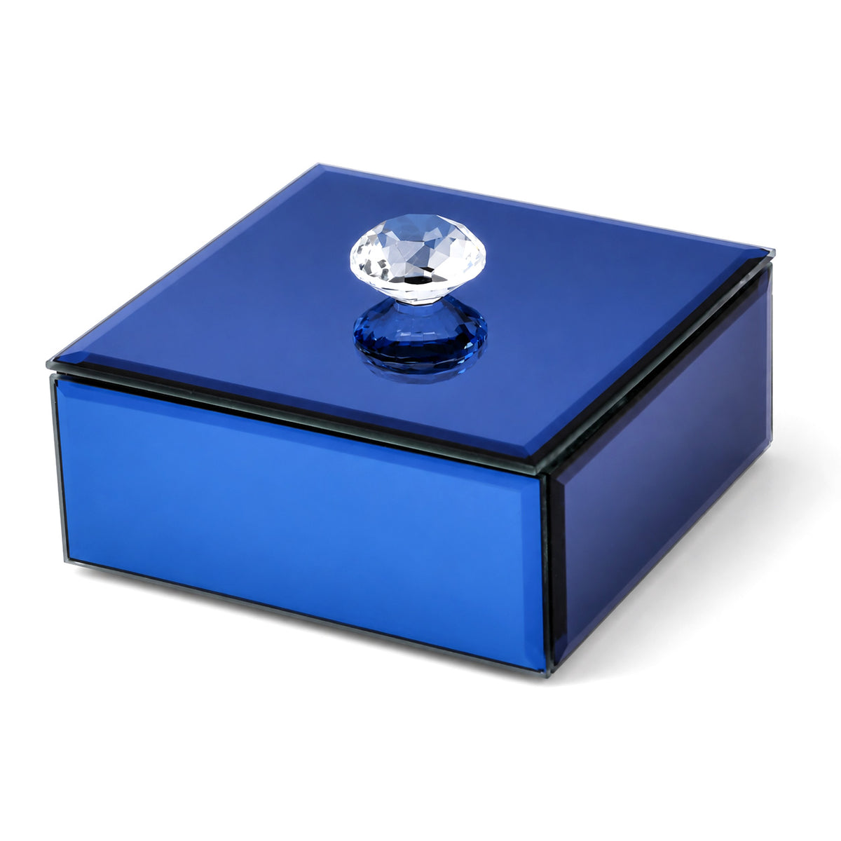 Modern Mirrored Glass Jewellery Box with Clear Crystal Jewel Lid Knob - Blue V32698311 0