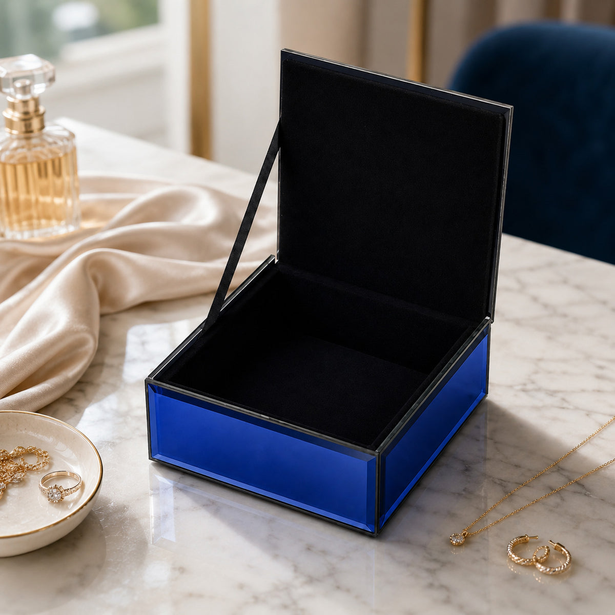 Modern Mirrored Glass Jewellery Box with Clear Crystal Jewel Lid Knob - Blue V32698311 2