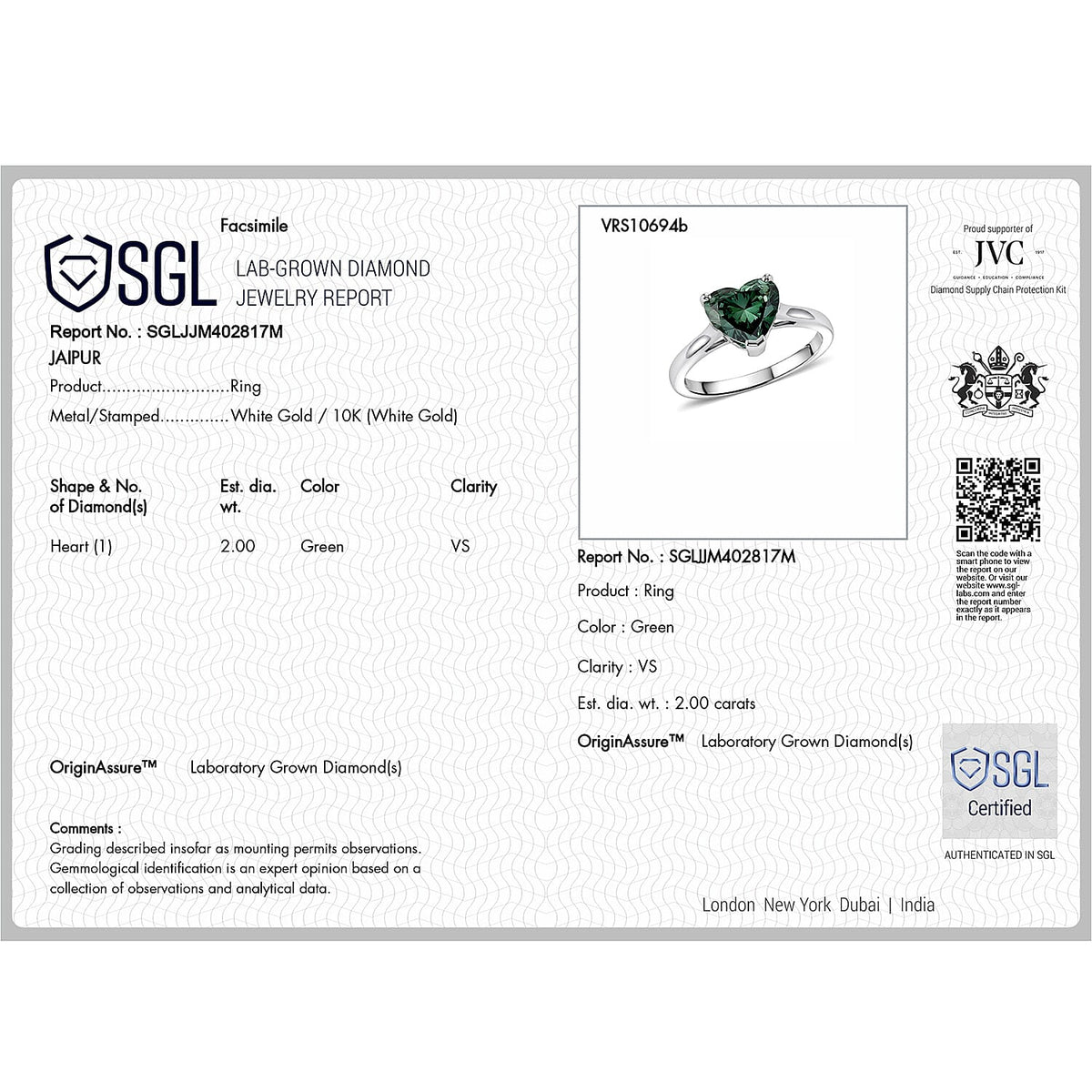 Certified and Appraised LUXURIANT VS Lab Grown Green Diamond EF, VS Solitaire Ring in 10K White Gold, Gold Wt.2.43 Gms 2.000 Ct. 8623853 6