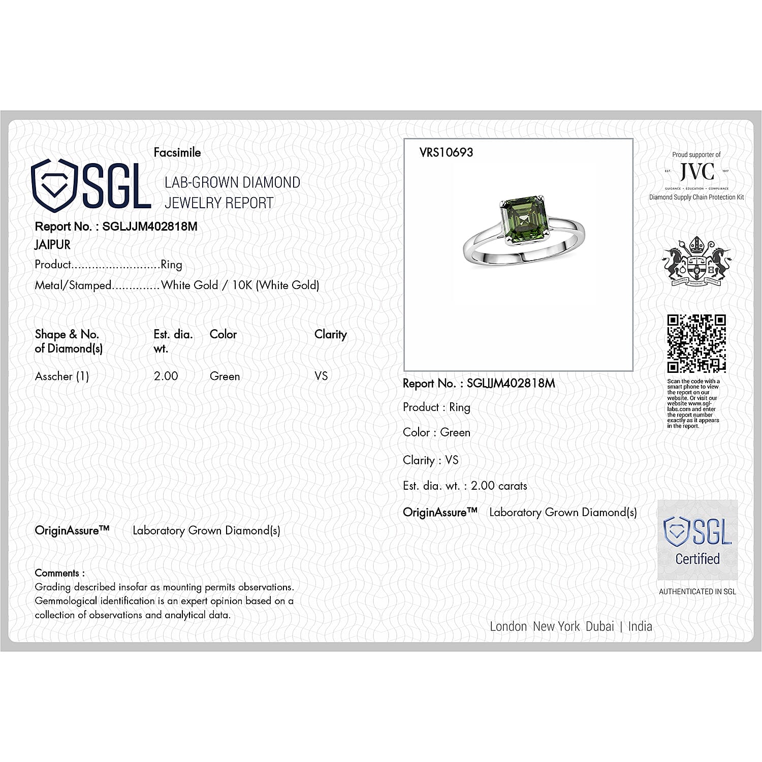 Luxuriant 10K White Gold VS Lab Grown Green Diamond EF, VS Solitaire Ring, Gold Wt.2.25 Gms  2.000  Ct. 8623871 6