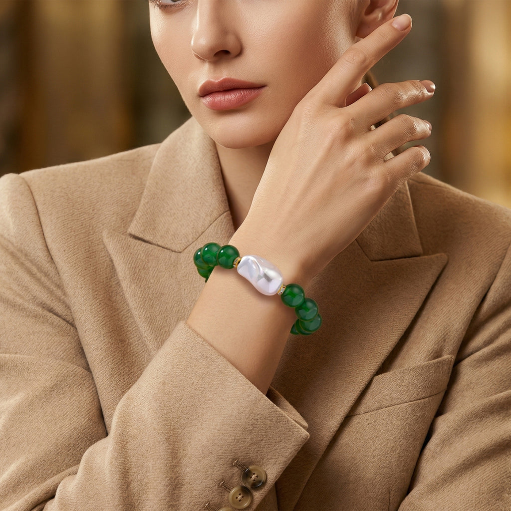 Green Onyx, White Cubic Zirconia & White Shell Pearl Beads Bracelet (Size - 8) 145.00 Ct._8624363_1
