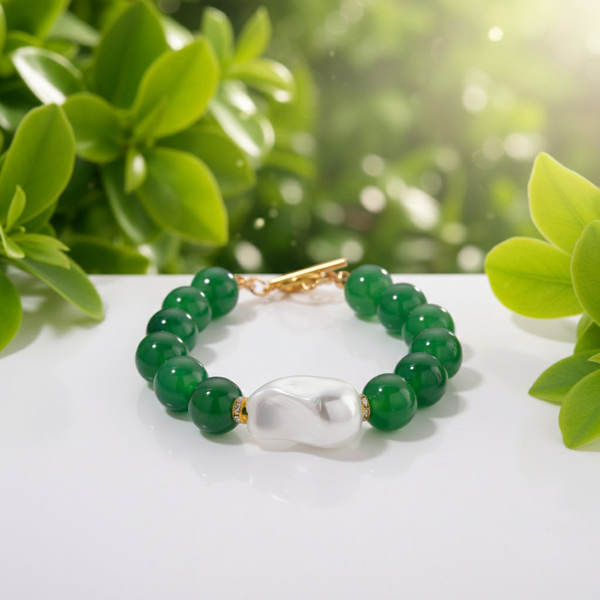 Green Onyx, White Cubic Zirconia &amp; White Shell Pearl Beads Bracelet (Size - 8) 145.00 Ct. 8624363 2
