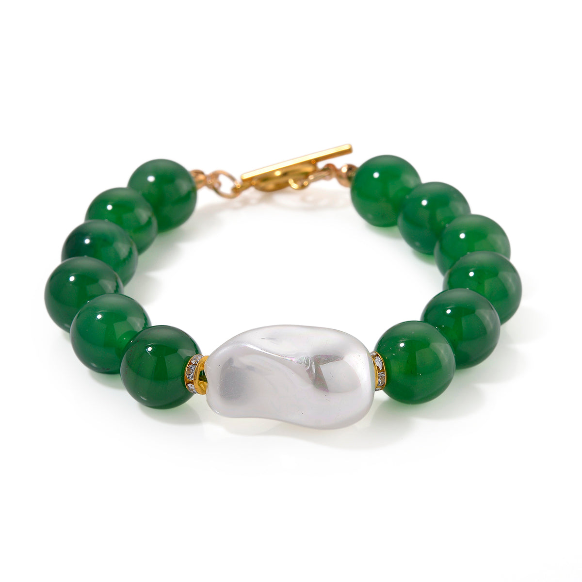 Green Onyx, White Cubic Zirconia &amp; White Shell Pearl Beads Bracelet (Size - 8) 145.00 Ct. V32341825 0