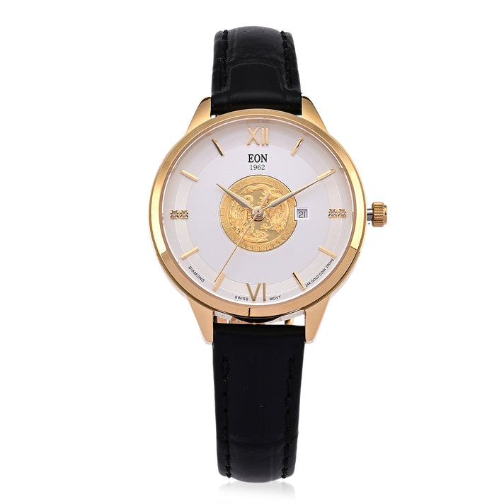 EON 1962 Dragon &amp; Phoenix Ronda 775 Swiss Movement 5ATM WR White 24K Gold Coin Dial &amp; IPG 316 Stainless Steel Case Womens Watch with Black Genuine Leather Strap 8624420 1