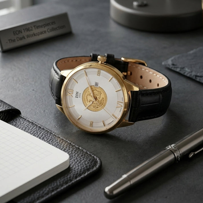 EON 1962 Dragon &amp; Phoenix Ronda 775 Swiss Movement 5ATM WR White 24K Gold Coin Dial &amp; IPG 316 Stainless Steel Case Womens Watch with Black Genuine Leather Strap 8624420 2