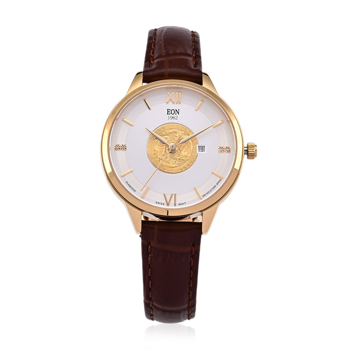 EON 1962 Dragon &amp; Phoenix Ronda 775 Swiss Movement 5ATM WR White 24K Gold Coin Dial &amp; IPG 316 Stainless Steel Case Womens Watch with Brown Genuine Leather Strap 8624421 1