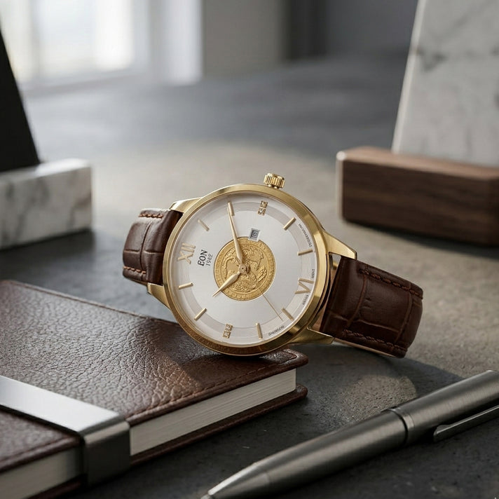 EON 1962 Dragon &amp; Phoenix Ronda 775 Swiss Movement 5ATM WR White 24K Gold Coin Dial &amp; IPG 316 Stainless Steel Case Womens Watch with Brown Genuine Leather Strap 8624421 2