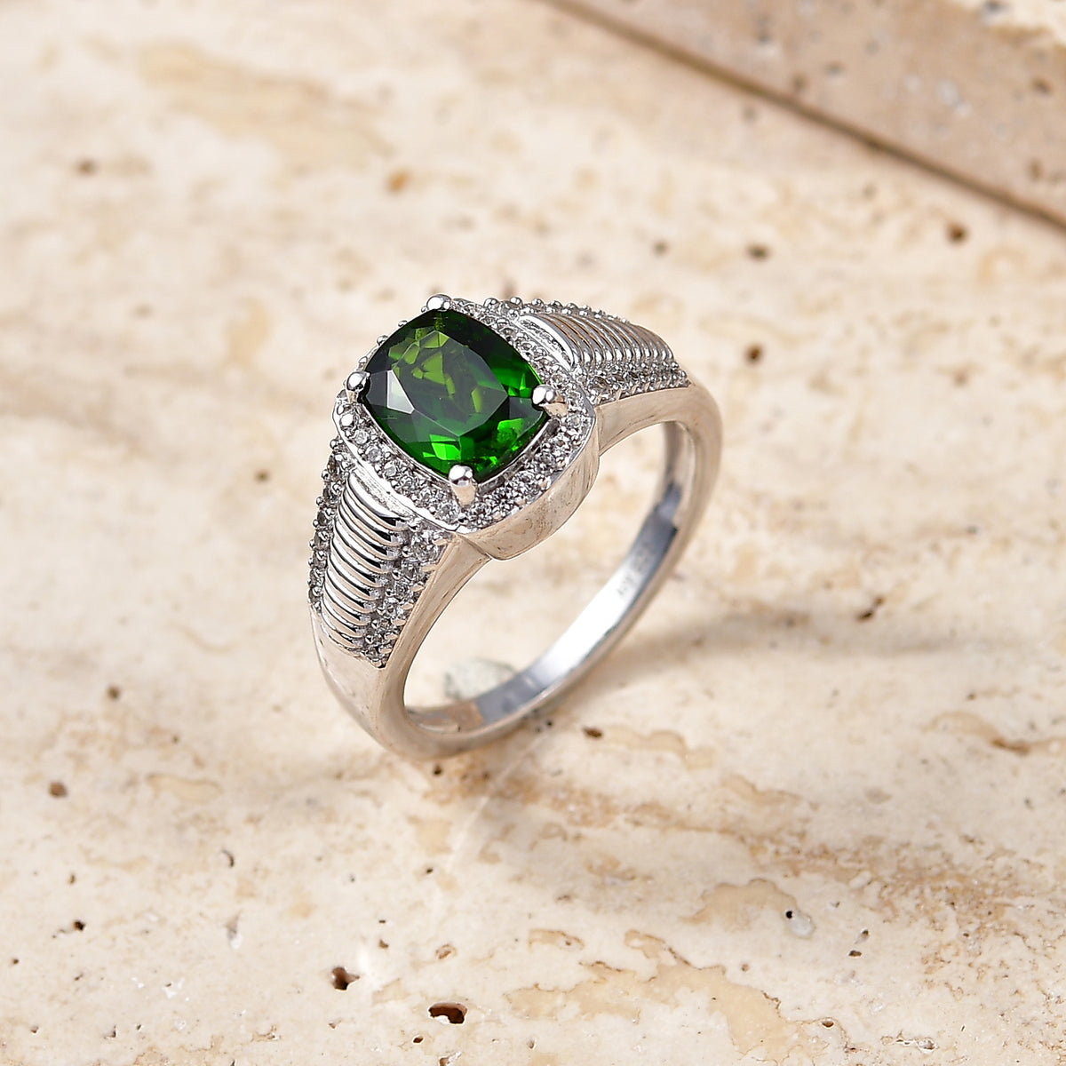 D'Joy - Natural Chrome Diopside &amp; White Zircon Halo Ring in Rhodium Overlay Sterling Silver 2.67 Ct. V32537439 2