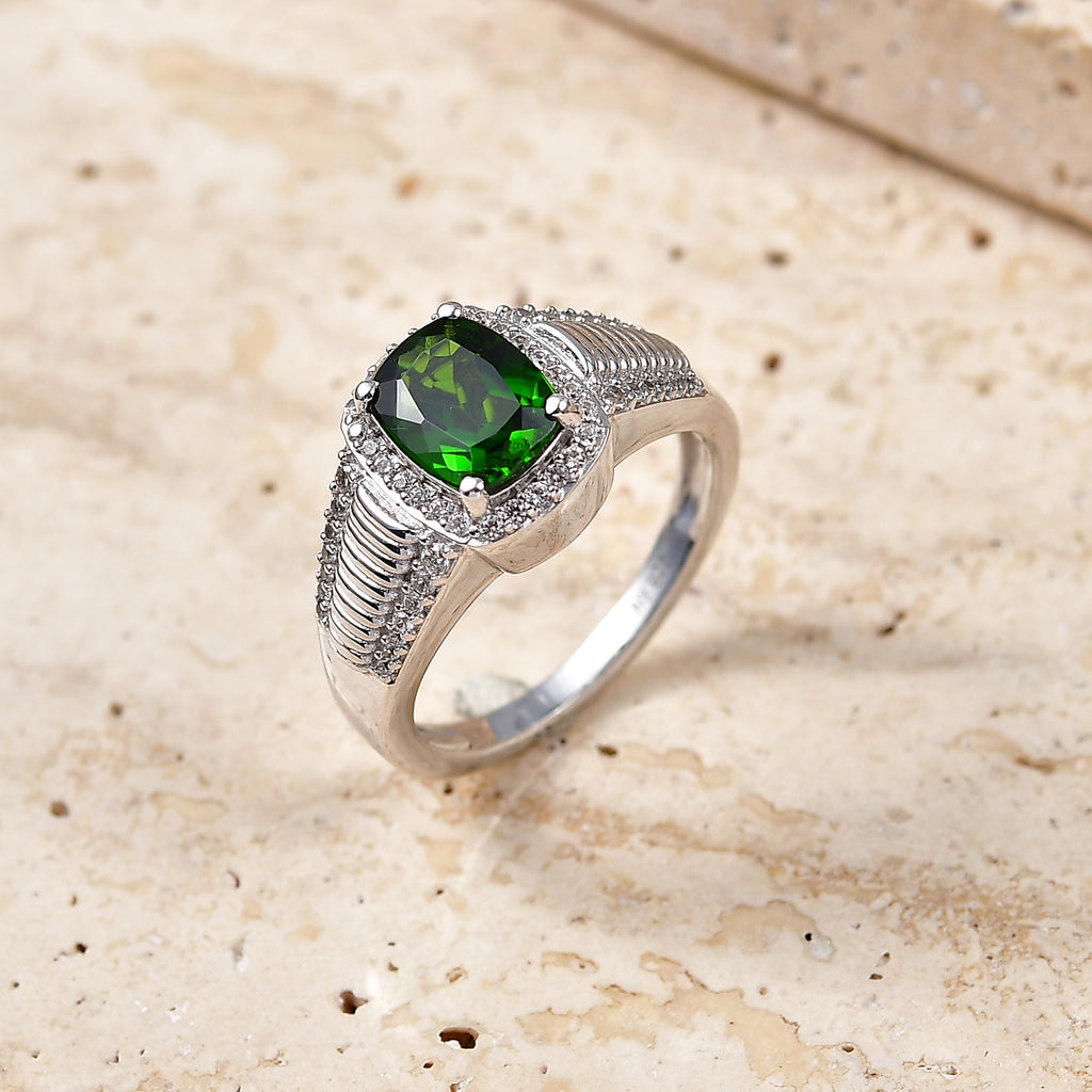 D'Joy - Natural Chrome Diopside & White Zircon Halo Ring in Rhodium Overlay Sterling Silver 2.67 Ct._8624444_2