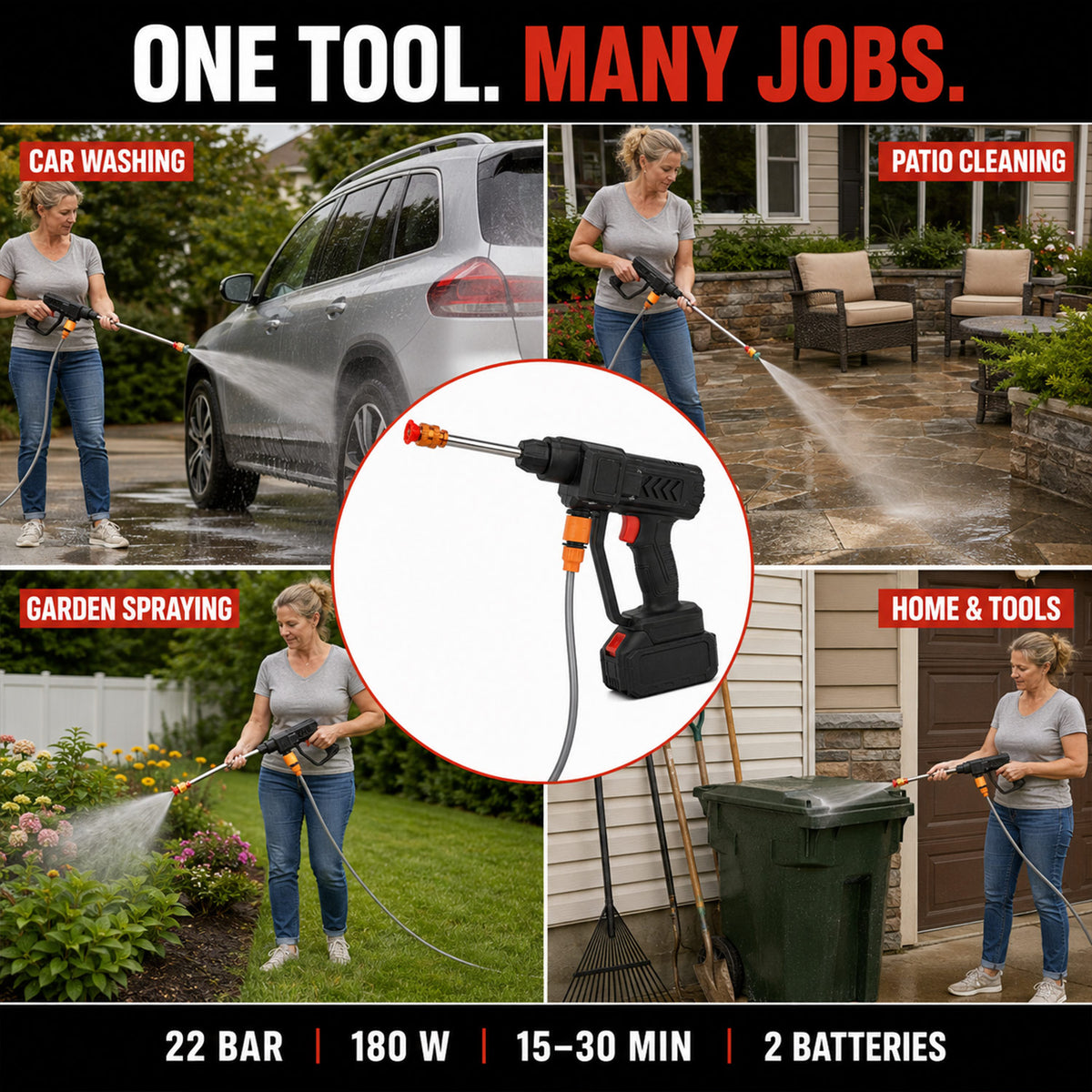 Cordless Pressure Washer with 2 x 21v Batteries, Accessories for Car, Patio and Garden Cleaning. 362psi Water Pressure - with 1 Year Warranty 8624713 6