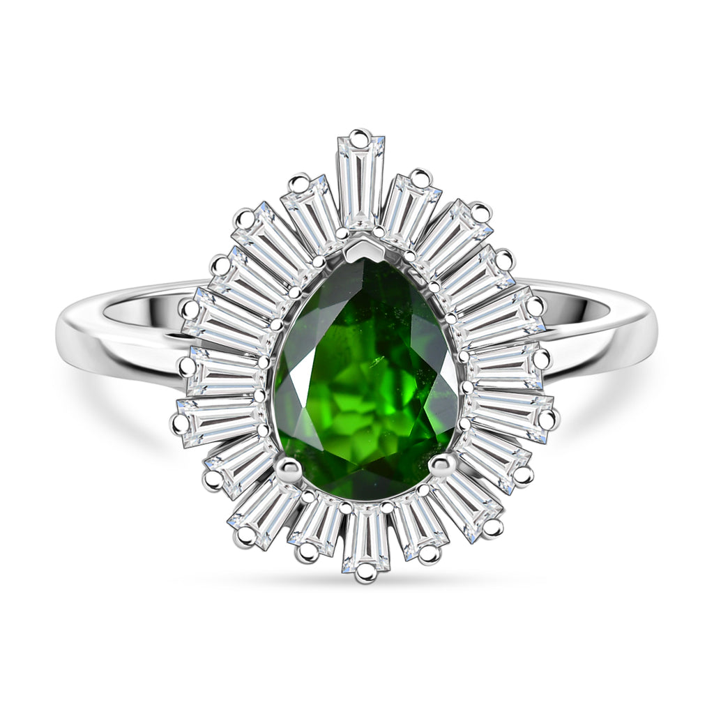 D'Joy - Natural Chrome Diopside & Moissanite Halo Ring in Rhodium Overlay Sterling Silver 1.74 Ct._8624859