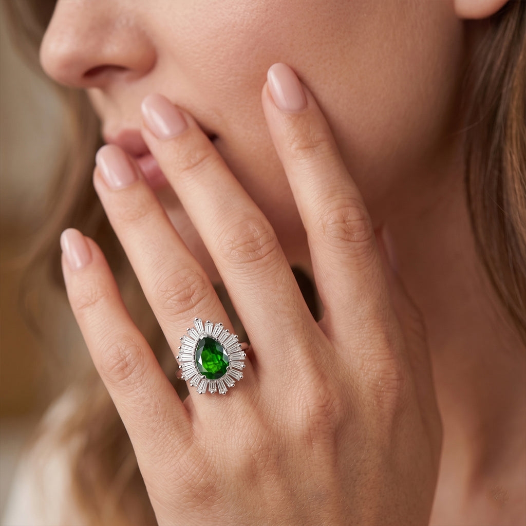 D'Joy - Natural Chrome Diopside & Moissanite Halo Ring in Rhodium Overlay Sterling Silver 1.74 Ct._8624859_1