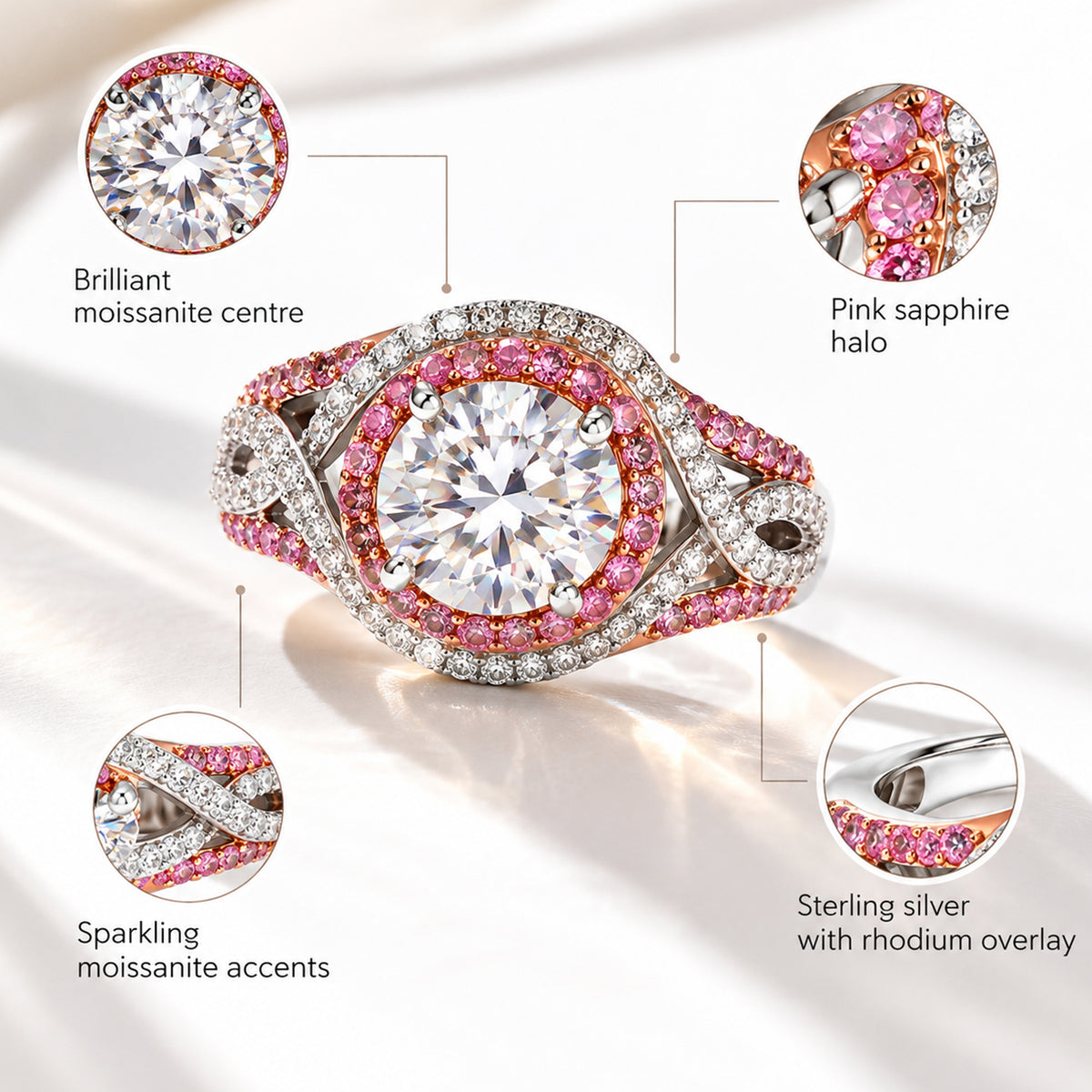 THE MILLIONAIRES HALO - Premium Moissanite &amp; Pink Sapphire Halo Ring in Rhodium Overlay Sterling Silver 3.50 Ct. 8624903 5
