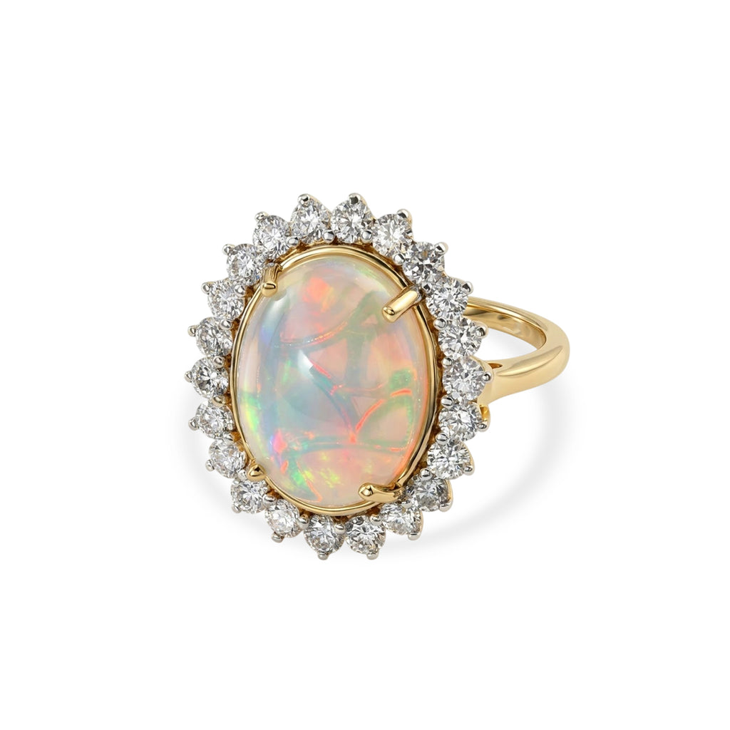 Luxuriant - Ethiopian Opal (5.00 cts ) & Lab Grown Diamond (SI/G-H, 1.36 Cts) Halo Ring in 18K Vermeil Yellow Gold Plated Sterling Silver 6.35 Ct._8624977