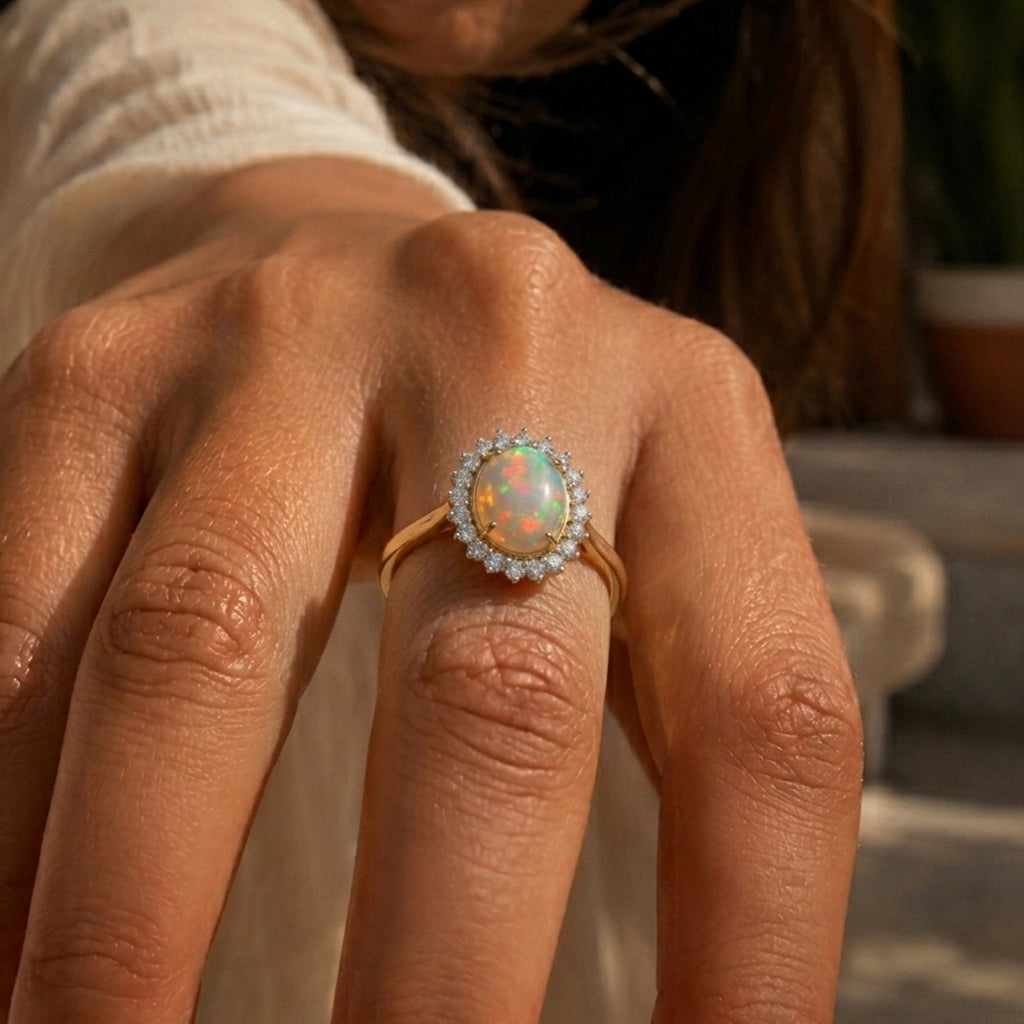 Luxuriant - Ethiopian Opal (5.00 cts ) & Lab Grown Diamond (SI/G-H, 1.36 Cts) Halo Ring in 18K Vermeil Yellow Gold Plated Sterling Silver 6.35 Ct._8624977_2