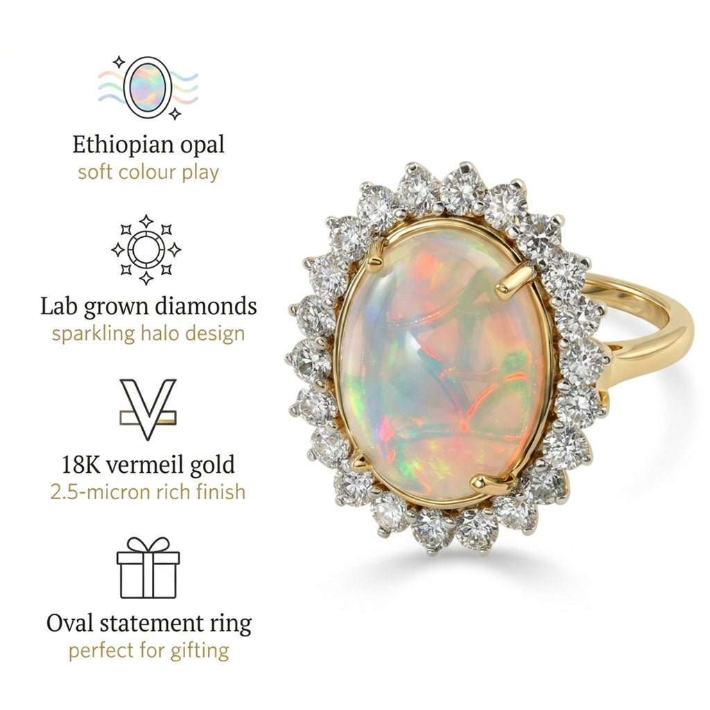 Luxuriant - Ethiopian Opal (5.00 cts ) & Lab Grown Diamond (SI/G-H, 1.36 Cts) Halo Ring in 18K Vermeil Yellow Gold Plated Sterling Silver 6.35 Ct._8624977_4