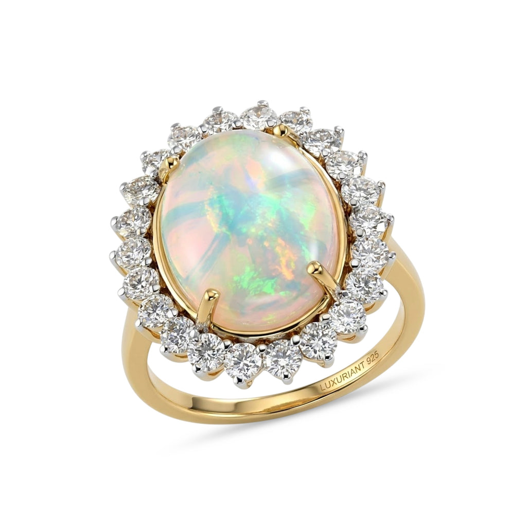 Luxuriant - Ethiopian Opal (5.00 cts ) & Lab Grown Diamond (SI/G-H, 1.36 Cts) Halo Ring in 18K Vermeil Yellow Gold Plated Sterling Silver 6.35 Ct._8624977_5
