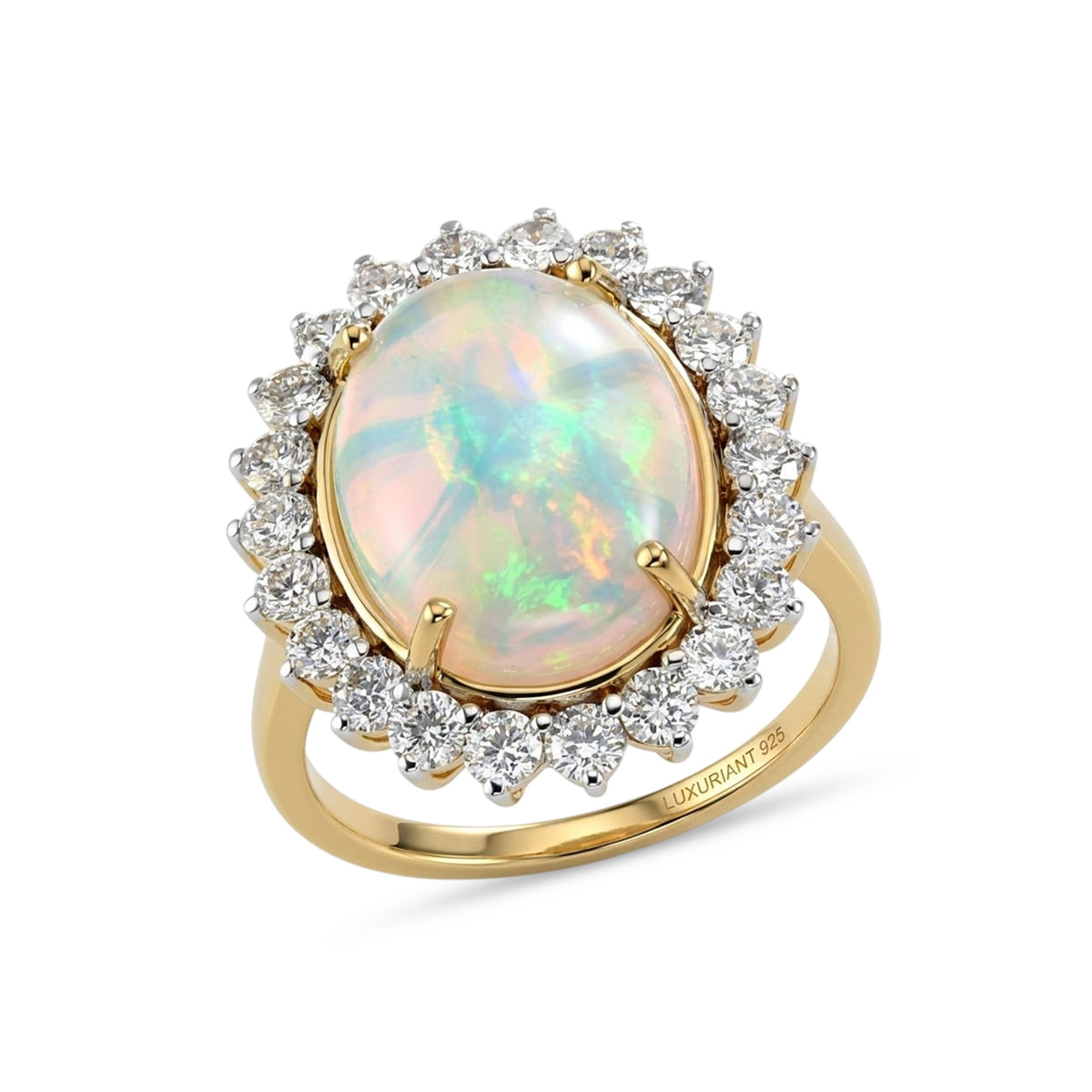 Luxuriant - Ethiopian Opal (5.00 cts ) &amp; Lab Grown Diamond (SI/G-H, 1.36 Cts) Halo Ring in 18K Vermeil Yellow Gold Plated Sterling Silver 6.35 Ct. V32606066 6