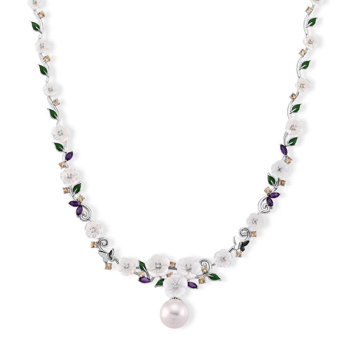 Jardin Collection - AAA Edison Pearl and Multi Gemstones Adjustable Necklace (Size - 16-2 Ext) in Rhodium Overlay Sterling Silver,Silver Wt. 14.50 Gms 8625060 0