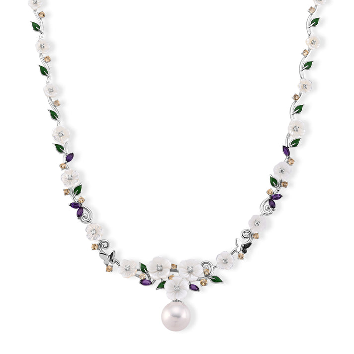 Jardin Collection - AAA Edison Pearl and Multi Gemstones Adjustable Necklace (Size - 16-2 Ext) in Rhodium Overlay Sterling Silver,Silver Wt. 14.50 Gms 8625060 1
