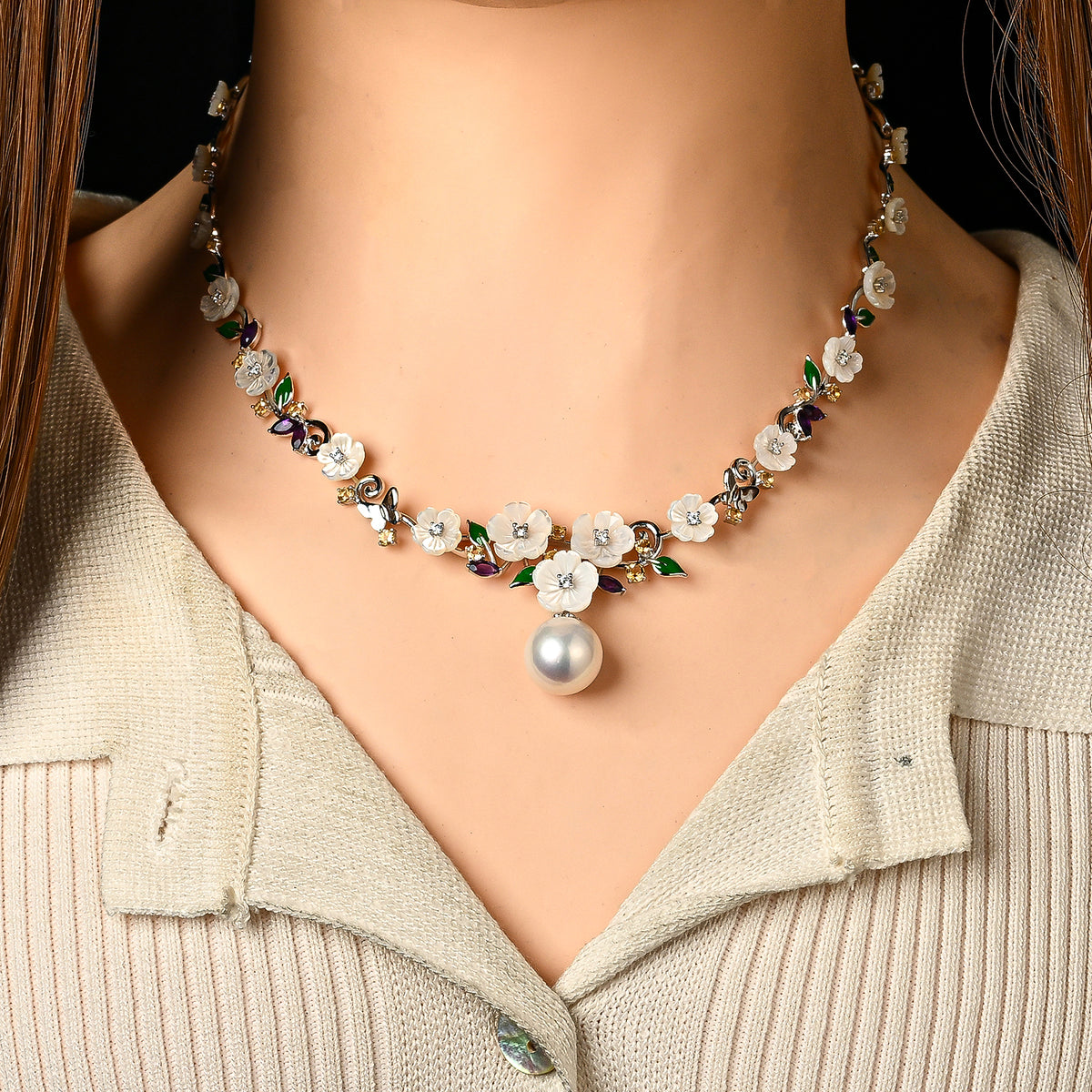 Jardin Collection - AAA Edison Pearl and Multi Gemstones Adjustable Necklace (Size - 16-2 Ext) in Rhodium Overlay Sterling Silver,Silver Wt. 14.50 Gms 8625060 2