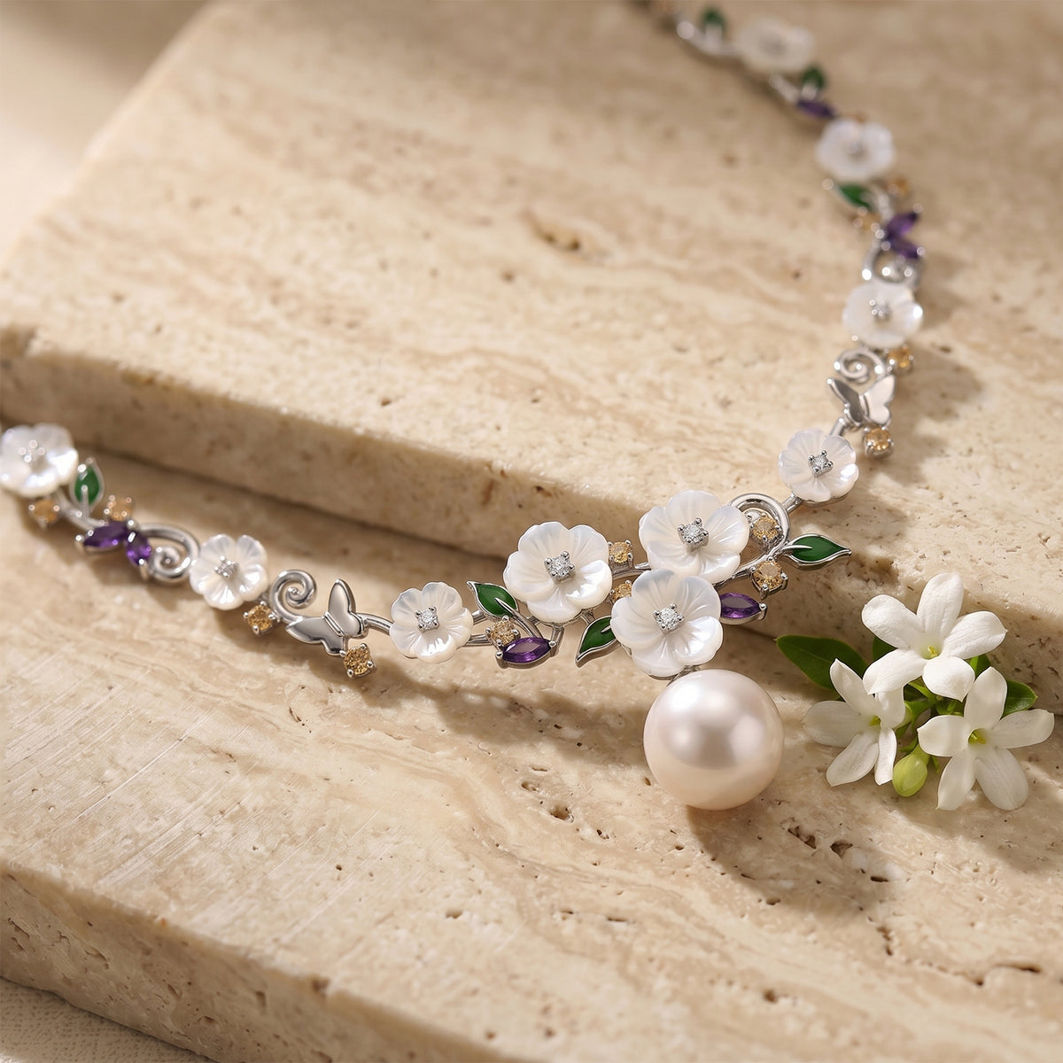 Jardin Collection - AAA Edison Pearl and Multi Gemstones Adjustable Necklace (Size - 16-2 Ext) in Rhodium Overlay Sterling Silver,Silver Wt. 14.50 Gms 8625060 3