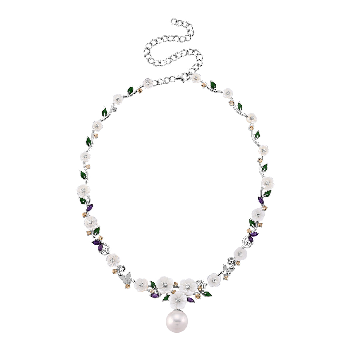 Jardin Collection - AAA Edison Pearl and Multi Gemstones Adjustable Necklace (Size - 16-2 Ext) in Rhodium Overlay Sterling Silver,Silver Wt. 14.50 Gms 8625060 5