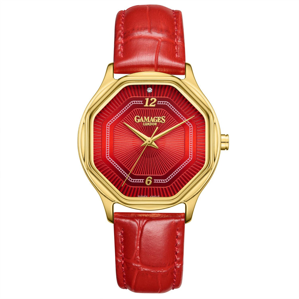 Gamages Of London Limited Edition Hand Assembled Romantic Diamond 3ATM Water Resistant Swiss Movement Natural Diamond Watch With Genuine Leather Strap (With 5 Year Warranty) - Red_8625127