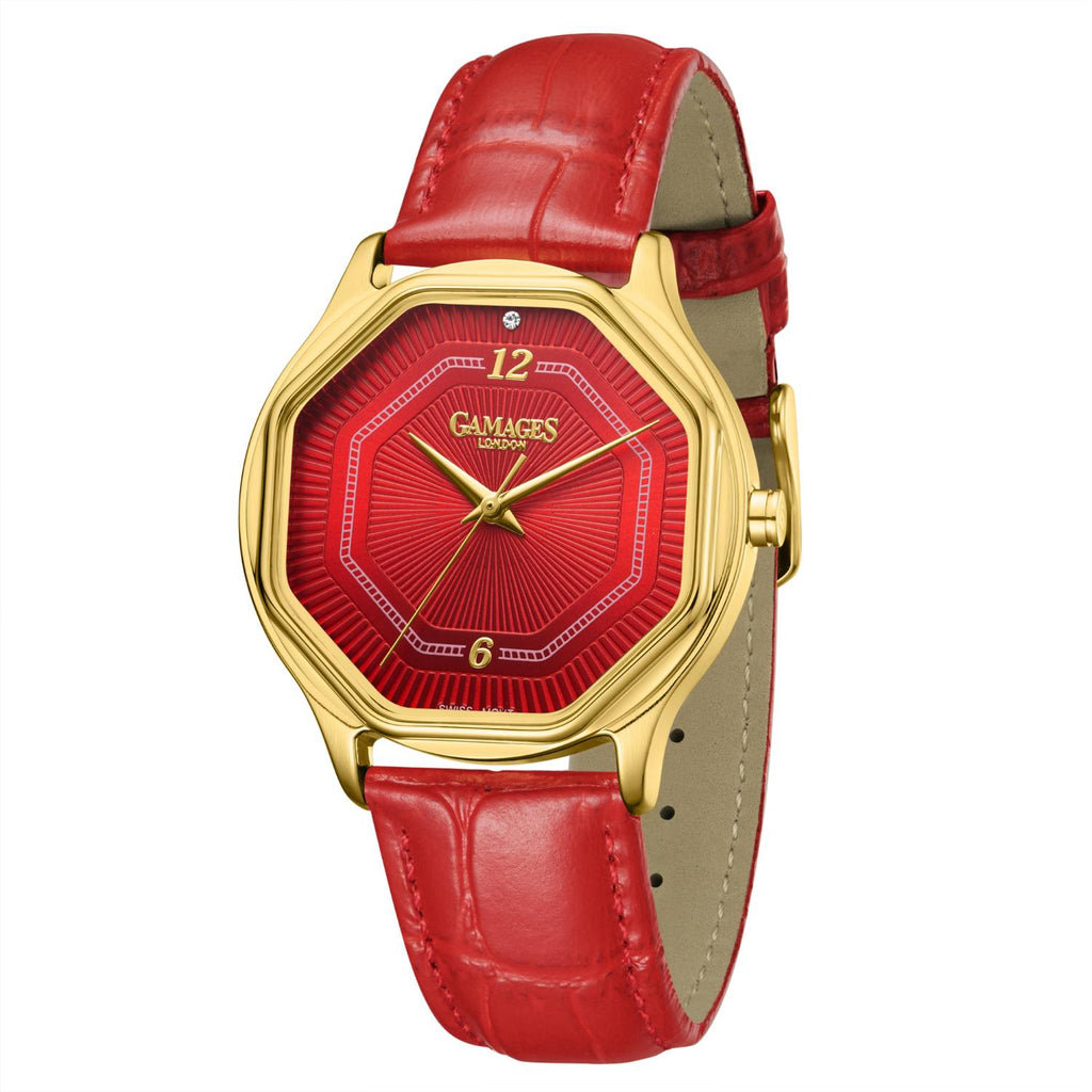 Gamages Of London Limited Edition Hand Assembled Romantic Diamond 3ATM Water Resistant Swiss Movement Natural Diamond Watch With Genuine Leather Strap (With 5 Year Warranty) - Red_8625127_1