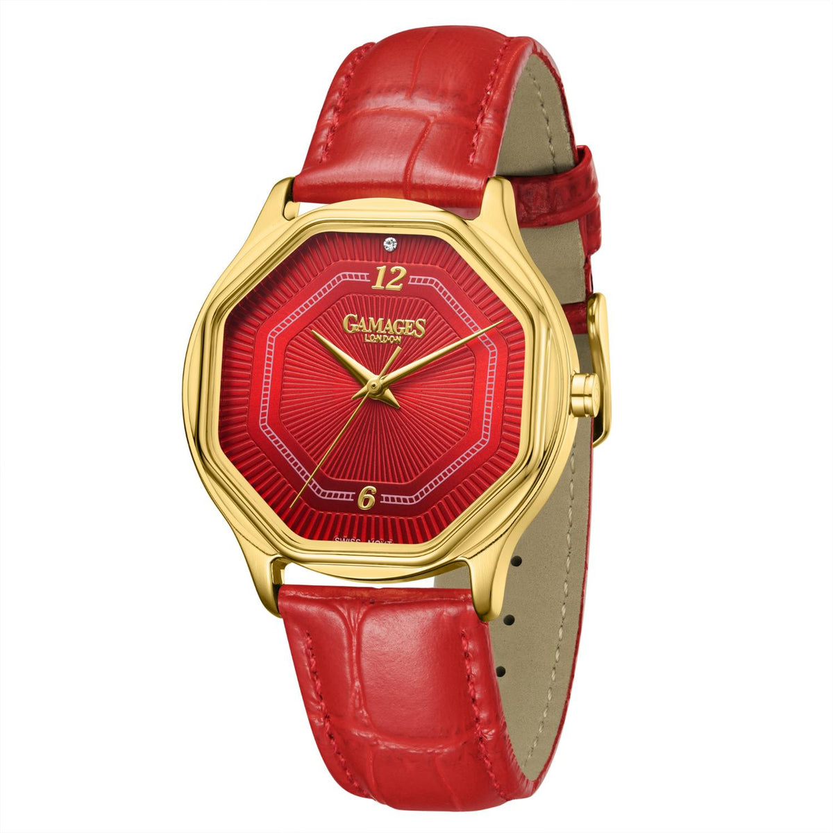 Gamages Of London Limited Edition Hand Assembled Romantic Diamond 3ATM Water Resistant Swiss Movement Natural Diamond Watch With Genuine Leather Strap (With 5 Year Warranty) - Red V32526739 1