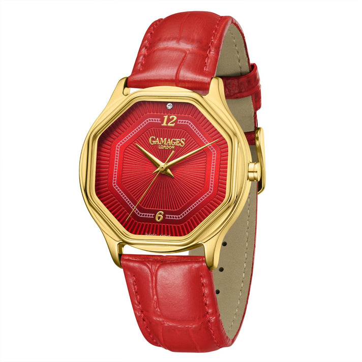 Gamages Of London Limited Edition Hand Assembled Romantic Diamond 3ATM Water Resistant Swiss Movement Natural Diamond Watch With Genuine Leather Strap (With 5 Year Warranty) - Red 8625127 2