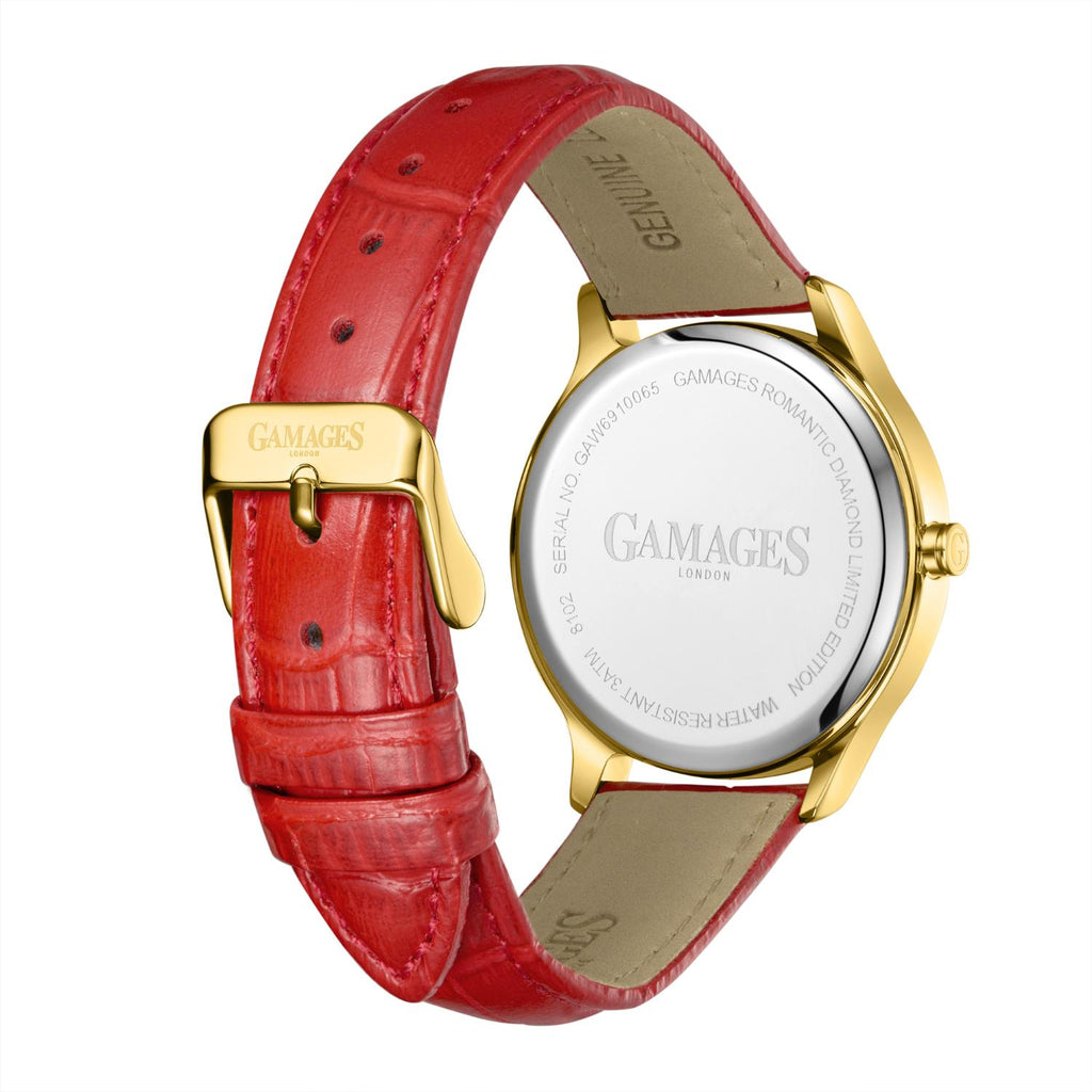 Gamages Of London Limited Edition Hand Assembled Romantic Diamond 3ATM Water Resistant Swiss Movement Natural Diamond Watch With Genuine Leather Strap (With 5 Year Warranty) - Red_8625127_2