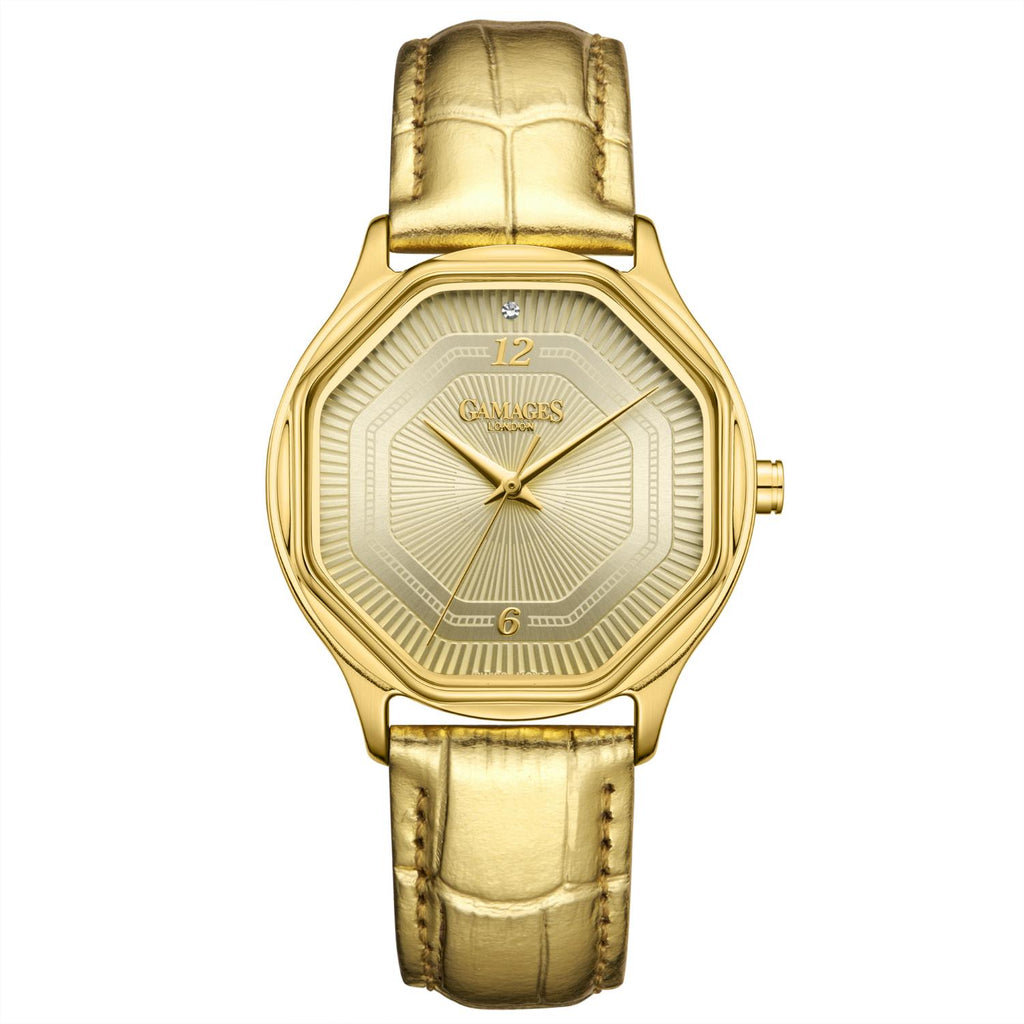 Gamages Of London Limited Edition Hand Assembled Romantic Diamond 3ATM Water Resistant Swiss Movement Natural Diamond Watch With Genuine Leather Strap (With 5 Year Warranty) - Gold_8625128