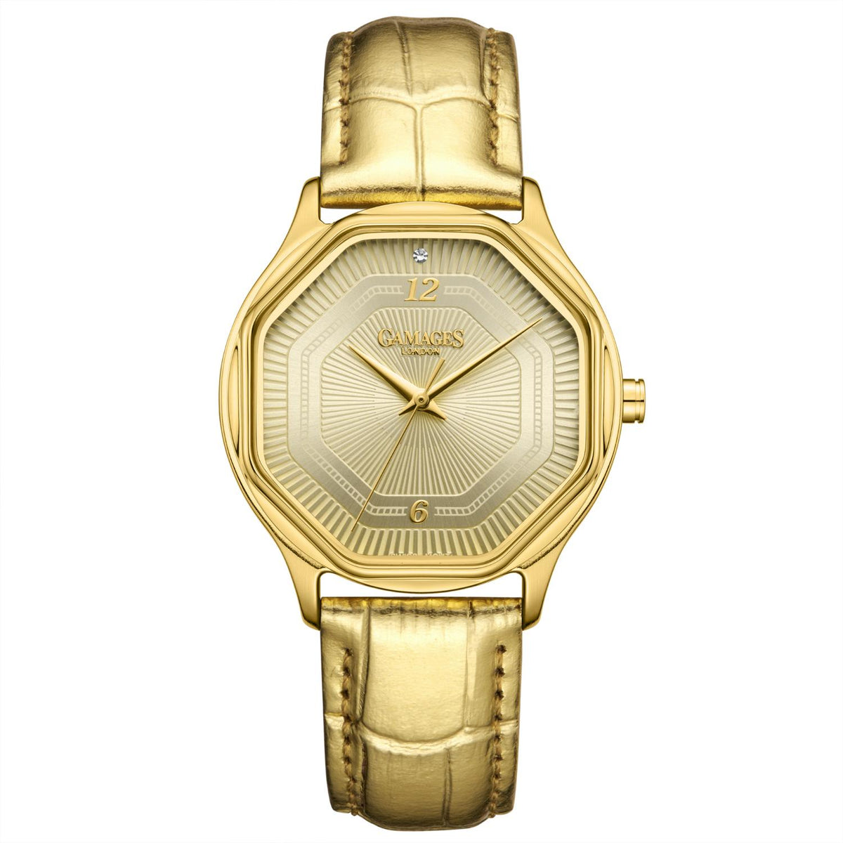 Gamages Of London Limited Edition Hand Assembled Romantic Diamond 3ATM Water Resistant Swiss Movement Natural Diamond Watch With Genuine Leather Strap (With 5 Year Warranty) - Gold V32649326 0