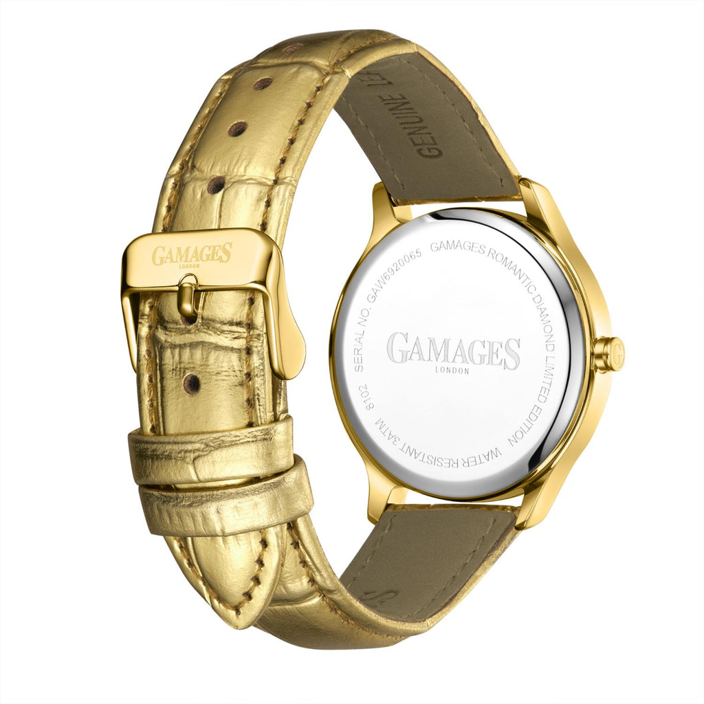 Gamages Of London Limited Edition Hand Assembled Romantic Diamond 3ATM Water Resistant Swiss Movement Natural Diamond Watch With Genuine Leather Strap (With 5 Year Warranty) - Gold_8625128_2