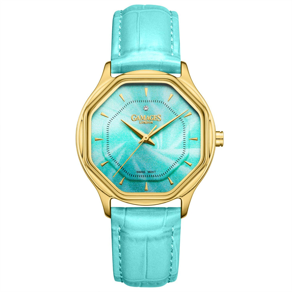 Gamages Of London Limited Edition Hand Assembled Amour 3ATM Water Resistant Swiss Movement Natural Diamond Watch With Genuine Leather Strap (With 5 Year Warranty) - Blue_8625160