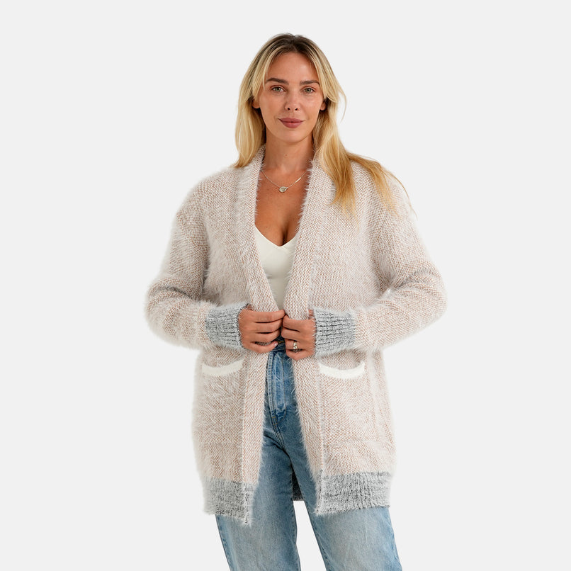 La Marey Womens Knitted Longline Coatigan with Pockets (One Size, 8-20) - Beige_8625170