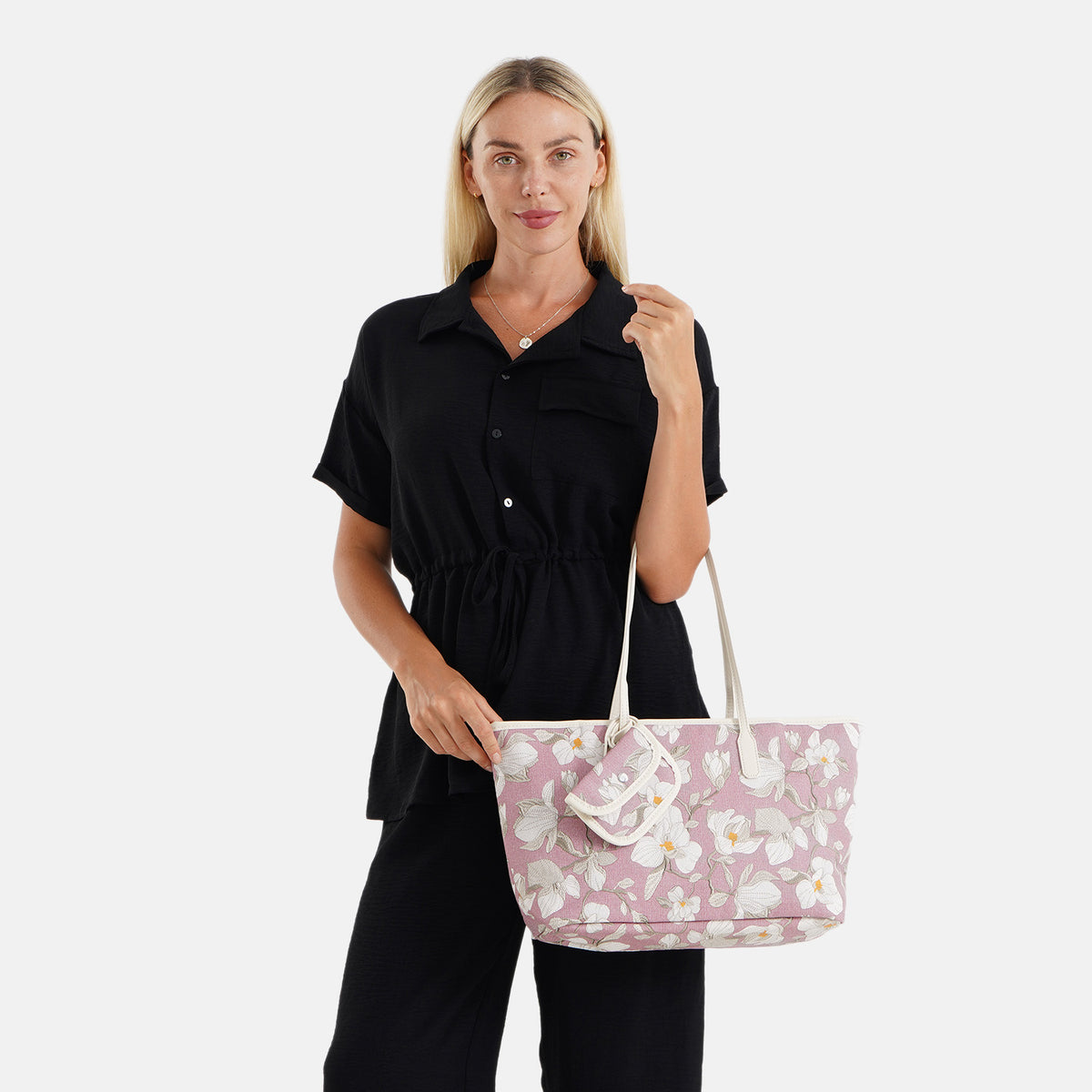 Designer Inspired - Women's Floral Print Tote Bag with Matching Pouch Set - Purple V32640796 2