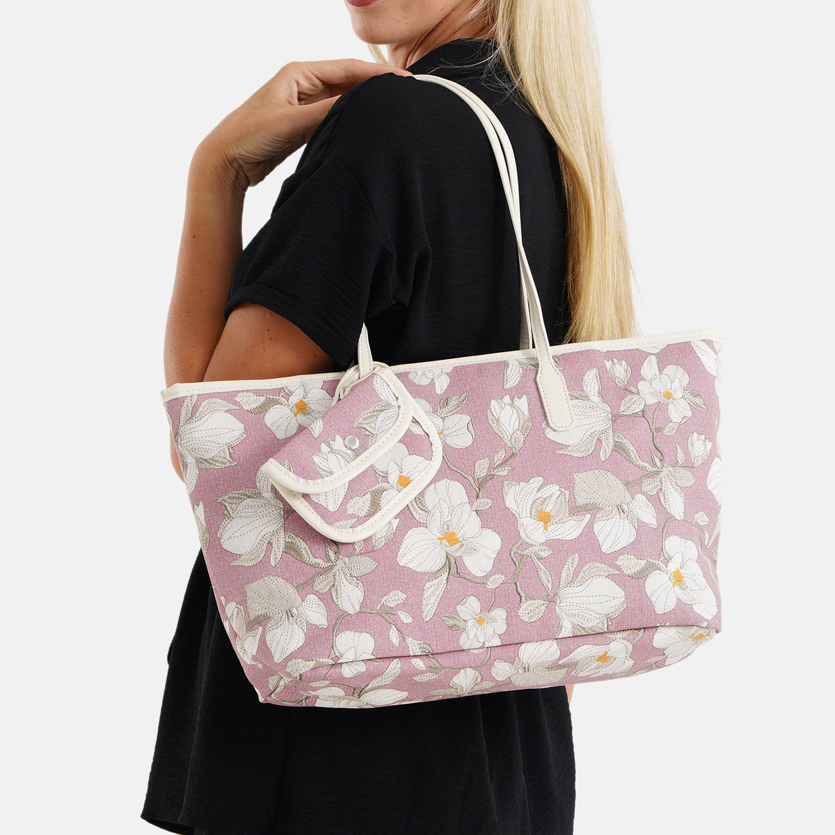 Designer Inspired - Women's Floral Print Tote Bag with Matching Pouch Set - Purple V32640796 3