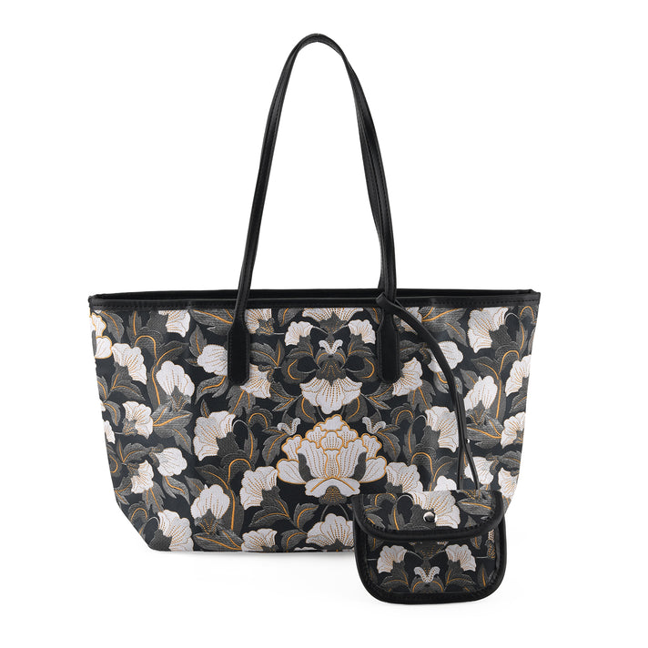 Designer Inspired - Women's Printed Tote Bag with Matching Pouch Set - Black V32645357 1