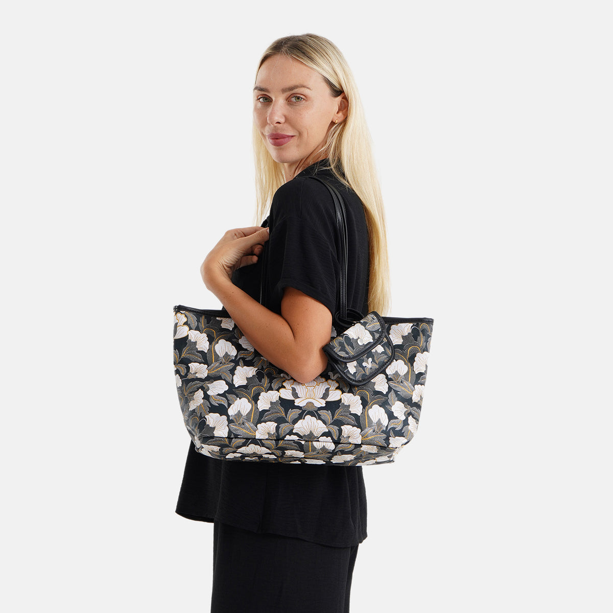 Designer Inspired - Women's Printed Tote Bag with Matching Pouch Set - Black V32641658 2