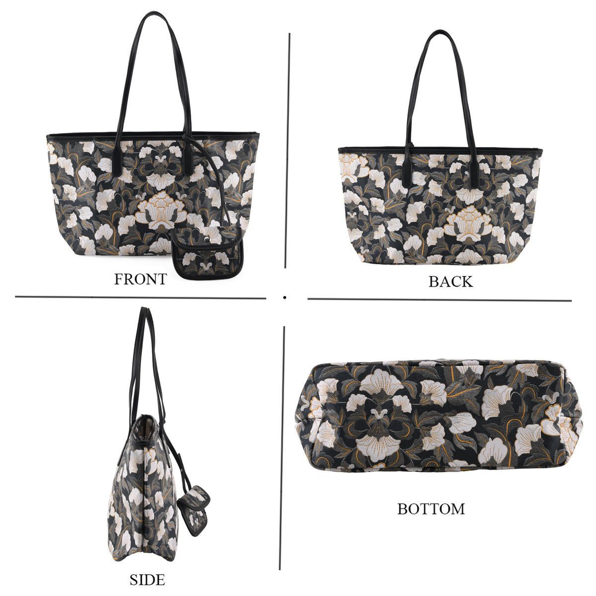 Designer Inspired - Women's Printed Tote Bag with Matching Pouch Set - Black V32641658 4