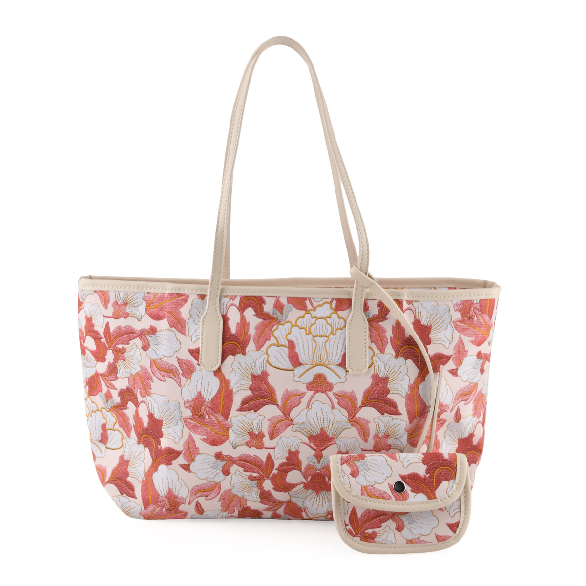 Designer Inspired - Women's Floral Print Tote Bag with Matching Pouch Set - Red V32641654 0