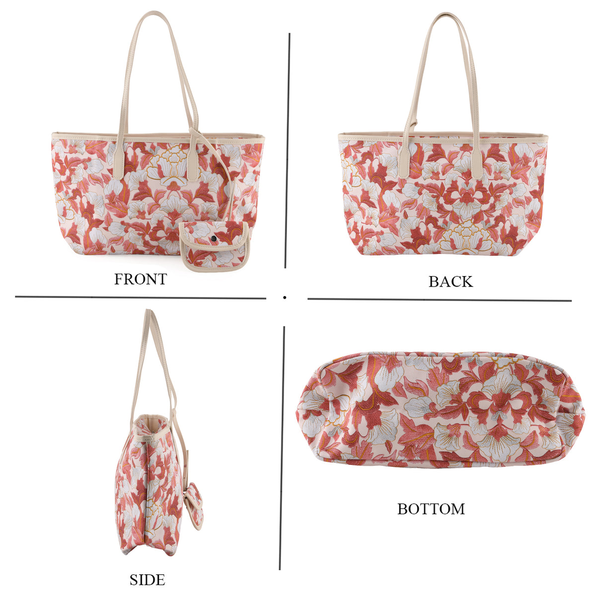 Designer Inspired - Women's Floral Print Tote Bag with Matching Pouch Set - Red V32641654 4