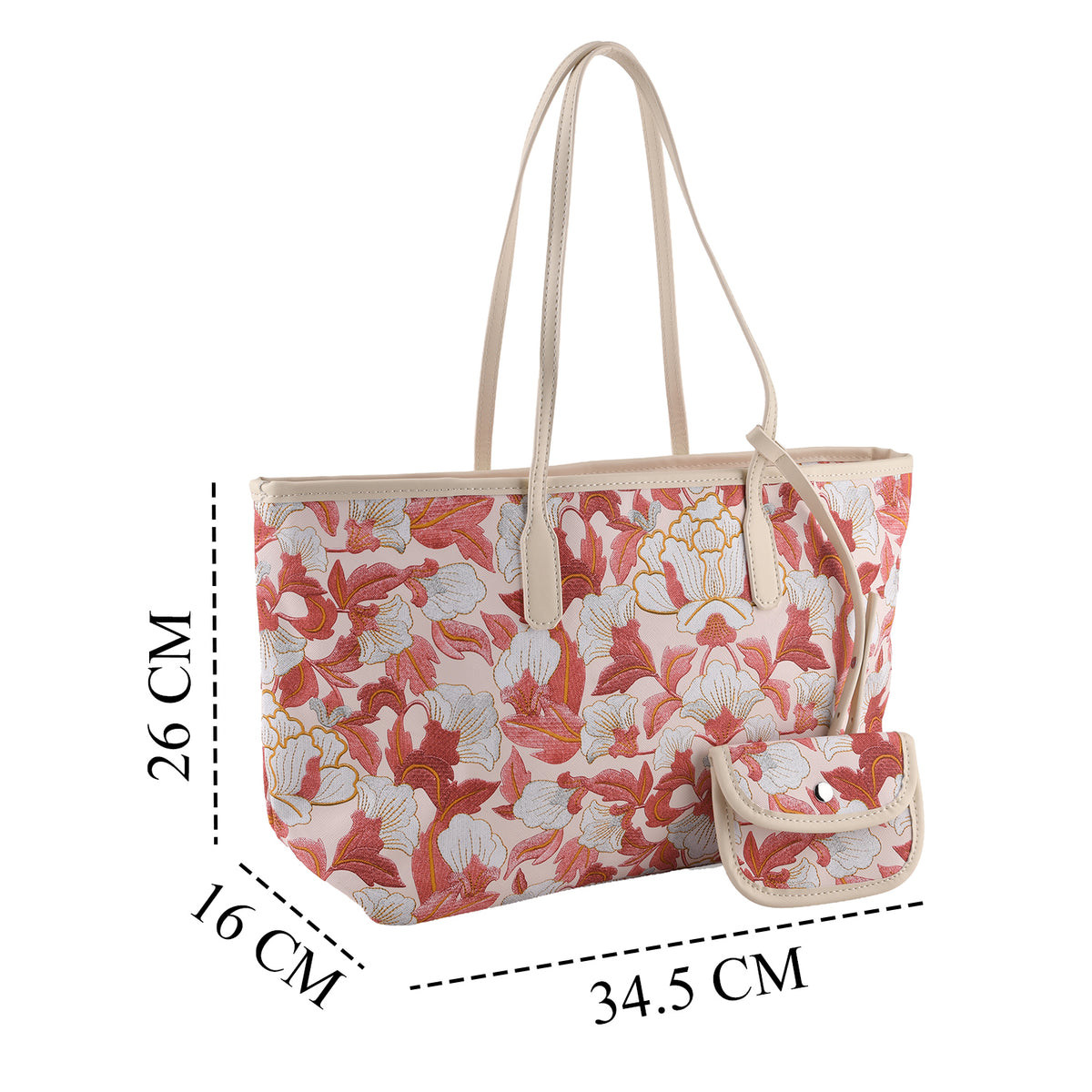 Designer Inspired - Women's Floral Print Tote Bag with Matching Pouch Set - Red V32641654 7