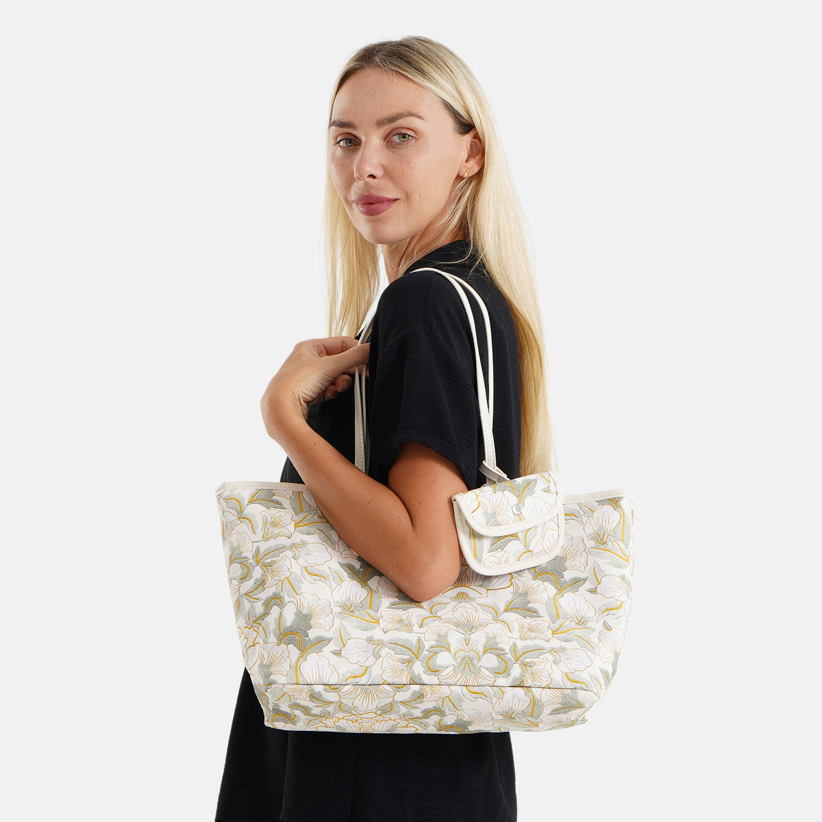 Designer Inspired - Women's Floral Print Tote Bag with Matching Pouch Set - Green V32641648 2