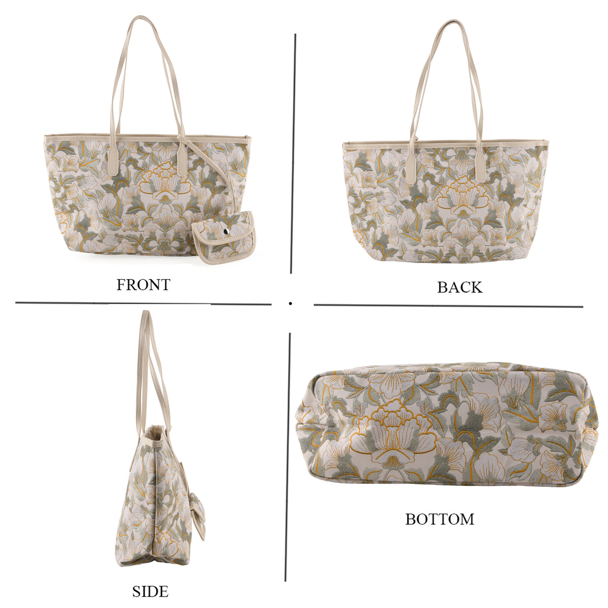 Designer Inspired - Women's Floral Print Tote Bag with Matching Pouch Set - Green V32641648 4