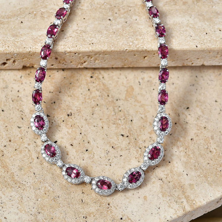 D'Joy Colour Change Garnet, Moissanite Cluster Necklace (Size - 18) in Rhodium OverlaySterling Silver, Silver Wt.12.19 Gms  17.880  Ct. 8625377 2